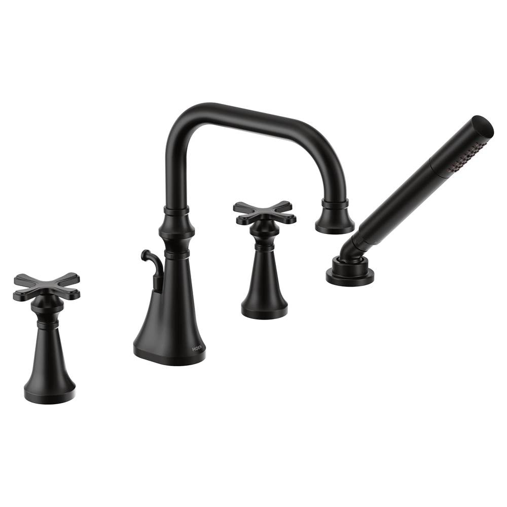 Moen - Colinet Two Handle Deck-Mount Roman Tub Faucet Trim with Cross Handles and Handshower, Valve Required, in Matte Black - Matte Black