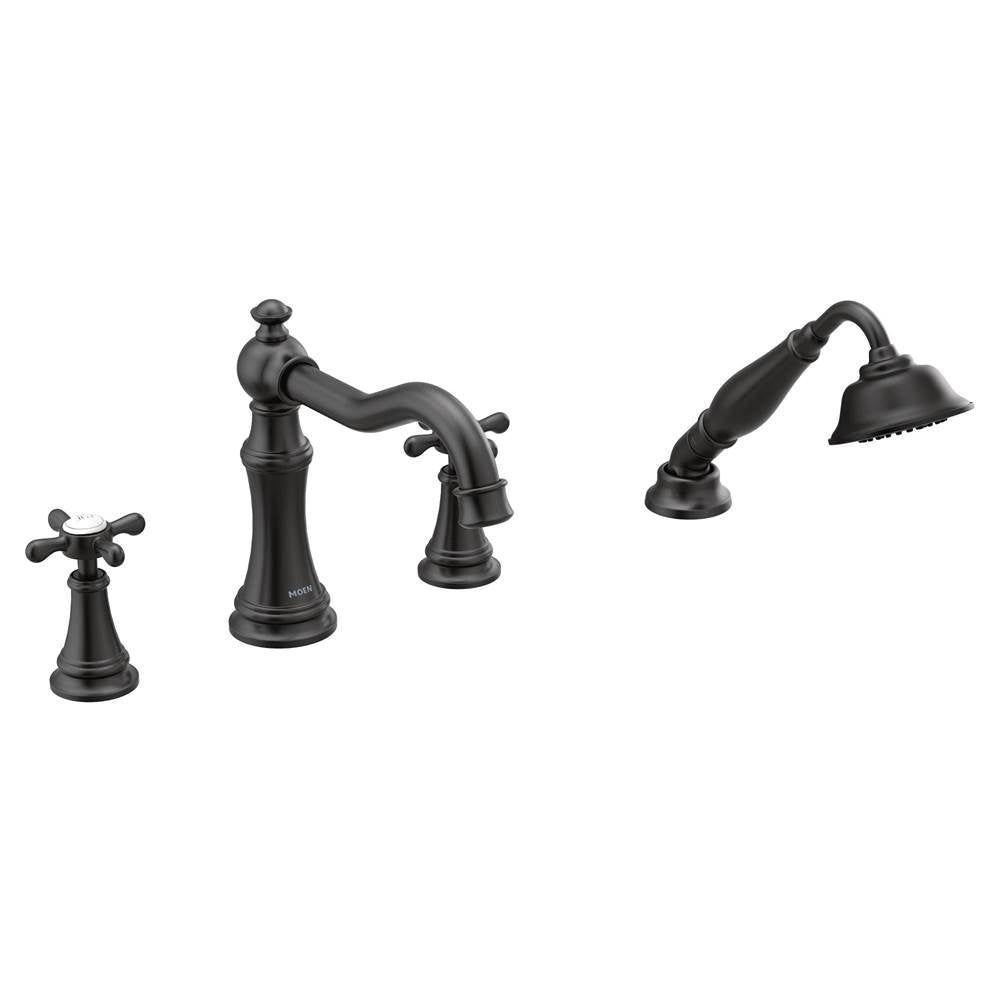 Moen - Weymouth 2-Handle Diverter Deck-Mount High-Arc Roman Tub Faucet with Hand Shower in Matte Black (Valve Sold Separately) - Matte Black
