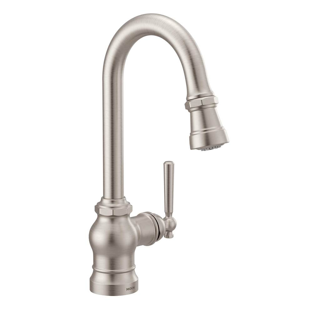 Moen - Paterson One-Handle Pulldown Bar Faucet with Power Clean, Includes Interchangeable Handle, Spot Resist Stainless - Spot Resist Stainless