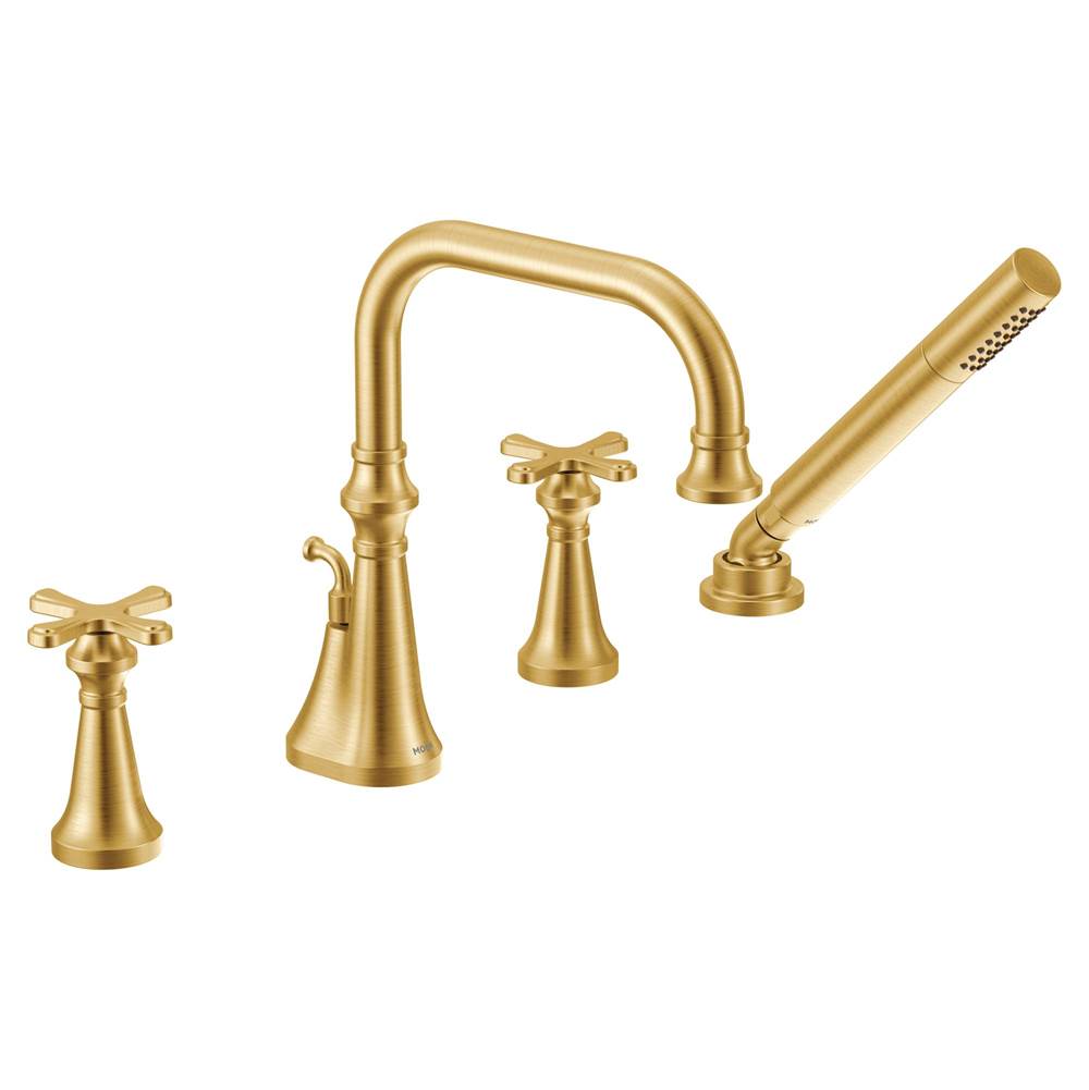Moen - Colinet Two Handle Deck-Mount Roman Tub Faucet Trim with Cross Handles and Handshower, Valve Required, in Brushed Gold - Brushed Gold