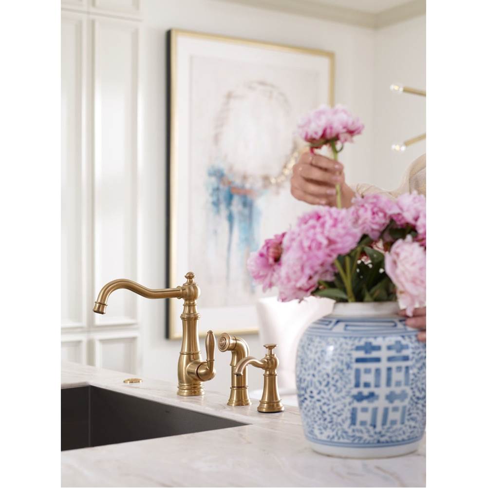 Traditional Deck Mounted Kitchen Soap Dispenser with Above the Sink Refillable Bottle, Brushed Gold