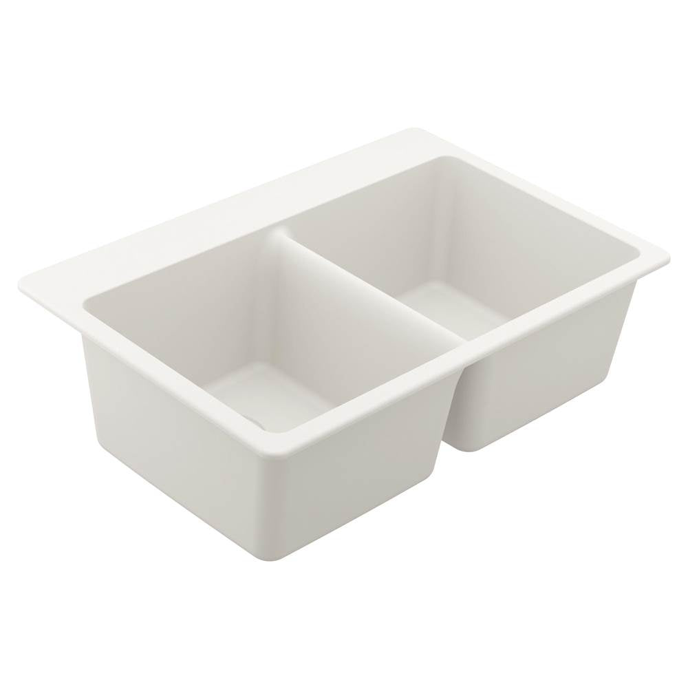 Moen - 33-Inch Wide x 9.5-Inch Deep Dual Mount Granite Double Bowl Kitchen Sink, White - White
