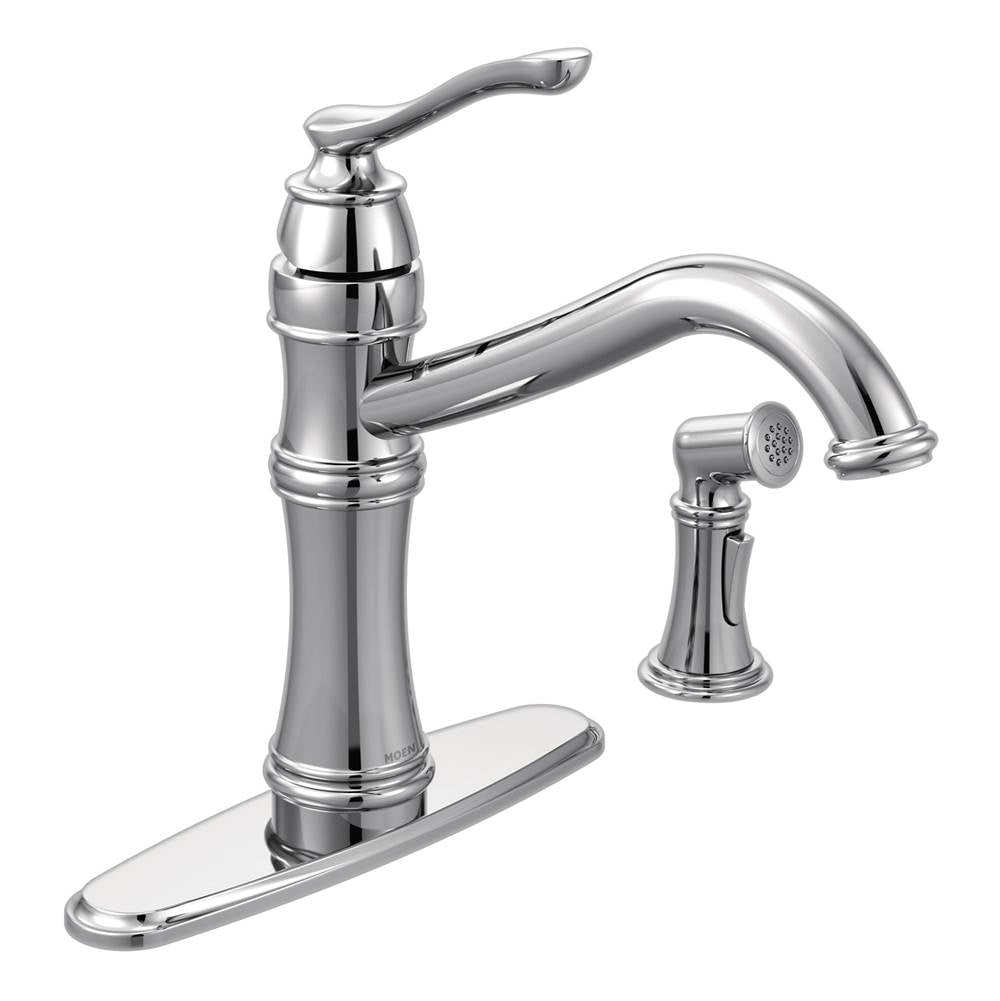Moen - Belfield Traditional One Handle High Arc Kitchen Faucet with Side Spray and Optional Deckplate Included, Chrome - Chrome
