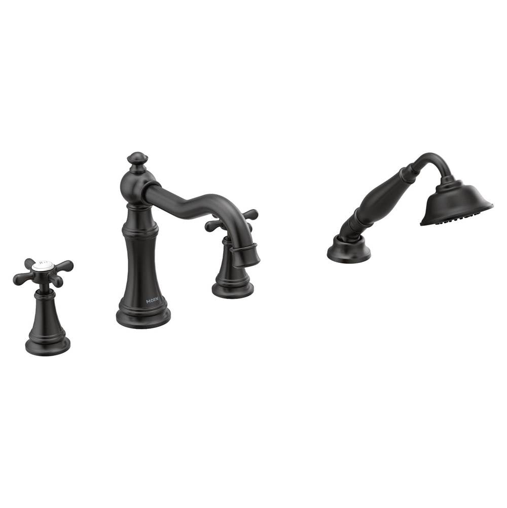 Weymouth 2-Handle Diverter Deck-Mount High-Arc Roman Tub Faucet with Hand Shower in Matte Black (Valve Sold Separately)