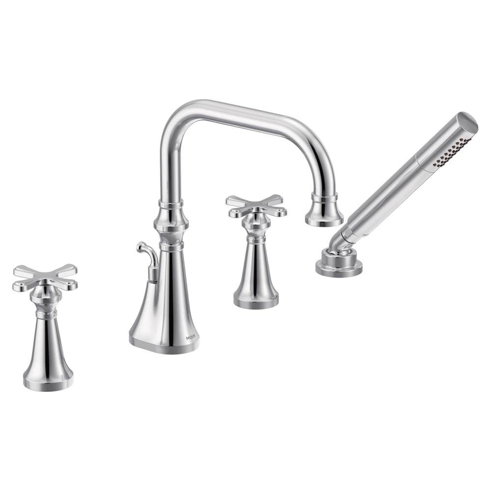 Colinet Two Handle Deck-Mount Roman Tub Faucet Trim with Cross Handles and Handshower, Valve Required, in Chrome