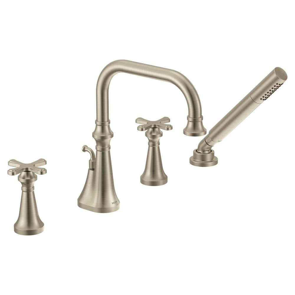 Colinet Two Handle Deck-Mount Roman Tub Faucet Trim with Cross Handles and Handshower, Valve Required, in Chrome