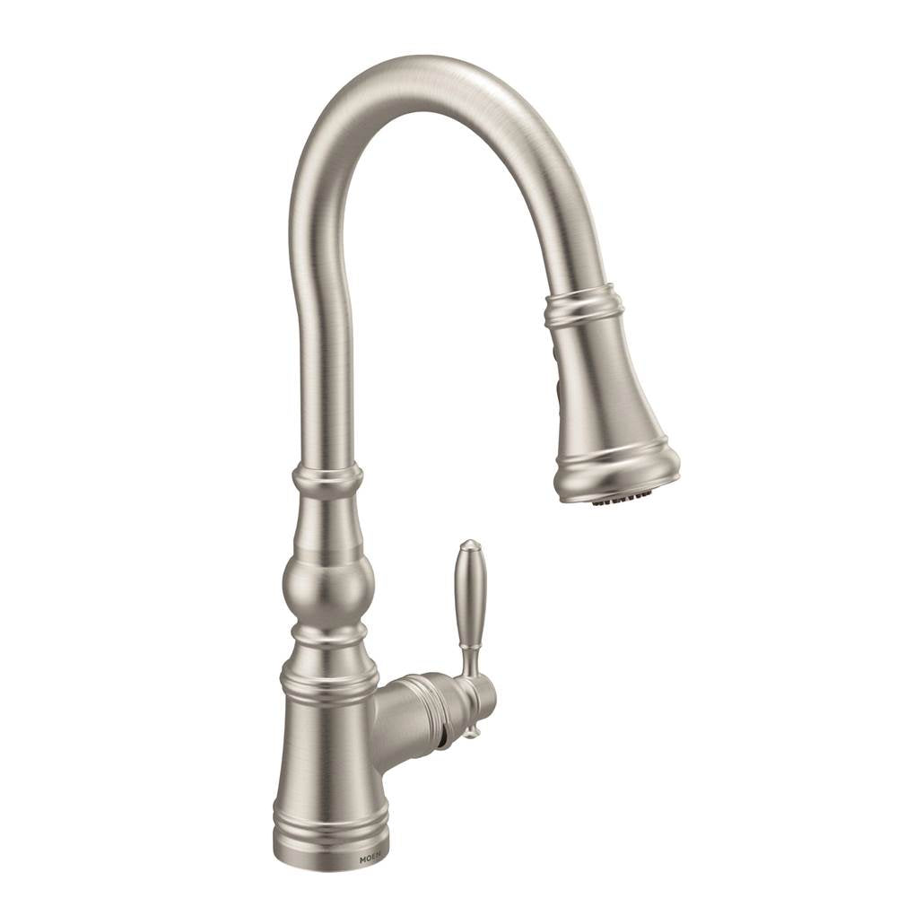 Moen - Weymouth Shepherd''s Hook Pulldown Kitchen Faucet Featuring Metal Wand with Power Boost, Spot Resist Stainless - Spot Resist Stainless