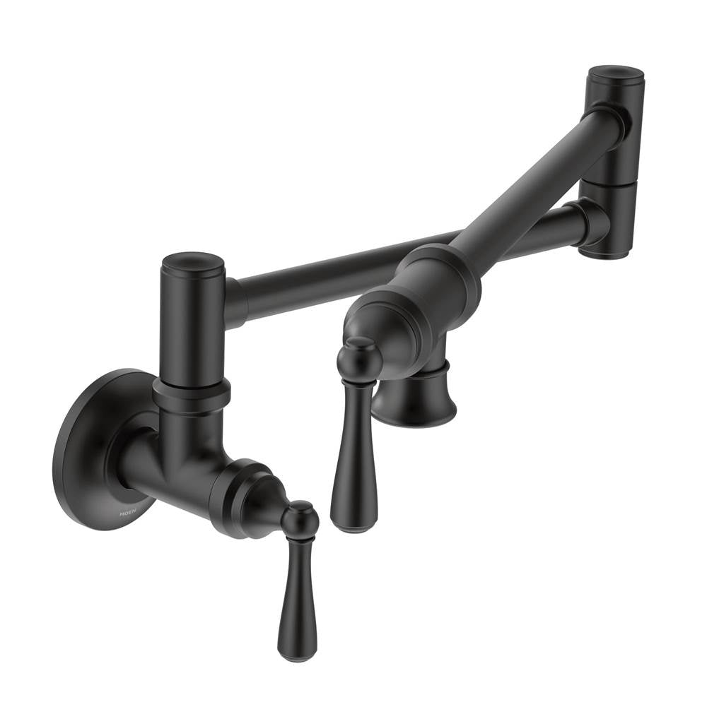Moen - Traditional Wall Mount Swing Arm Folding Pot Filler Kitchen Faucet, Matte Black - Matte Black