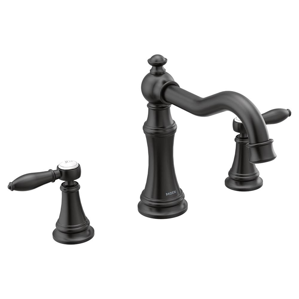 Moen - Weymouth 2-Handle Deck Mount Roman Tub Faucet Trim Kit with Hand Shower in Matte Black (Valve Sold Separately) - Matte Black