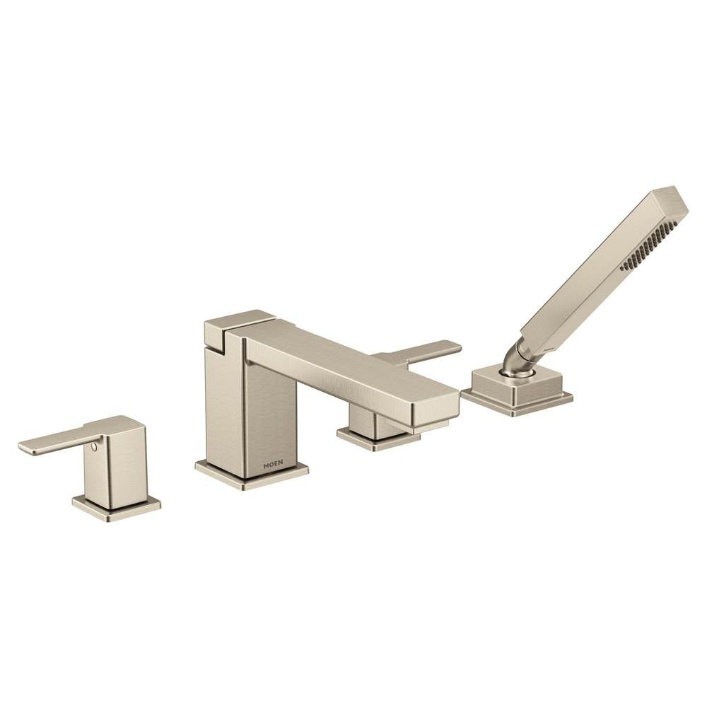 Moen - 90 Degree Two-Handle Deck Mount Roman Tub Faucet Trim Kit, Valve Required, Including Single Function Handshower, Brushed Nickel - Brushed Nickel