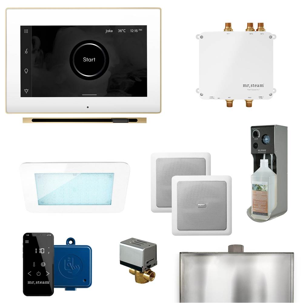 Mr. Steam - Bliss Linear Programmable Steam Generator Control Kit with iSteamX Control and Linear Steamhead in White Satin Brass - White Satin Brass