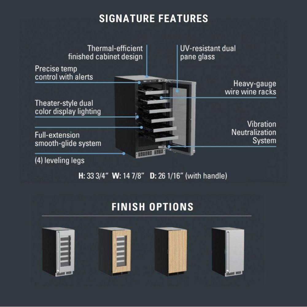 15'' Marvel Professional Single Zone Wine Refrigerator,Stainless, Glass Door, Lock, Reversible Door