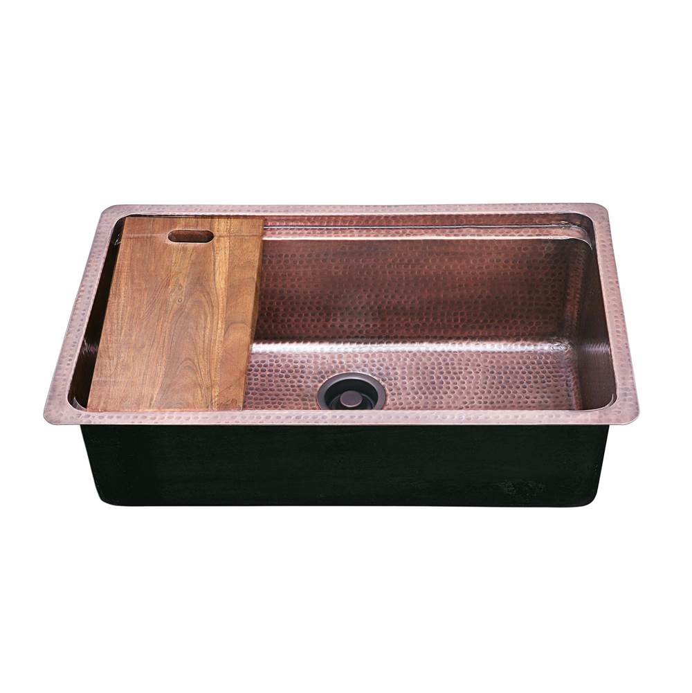 Nantucket Sinks - Brightwork Collection Hammered Copperl Large Single Bowl Prep Station Sink. Sink Includes Accacia Cutting Board - Antique Matte Finish