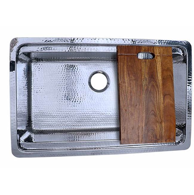 Nantucket Sinks - Brightwork Collection Hammered Stainless Steel Large Single Bowl Prep Station Sink. Sink Includes Accacia Cutting Board - Polished Stainless Steel