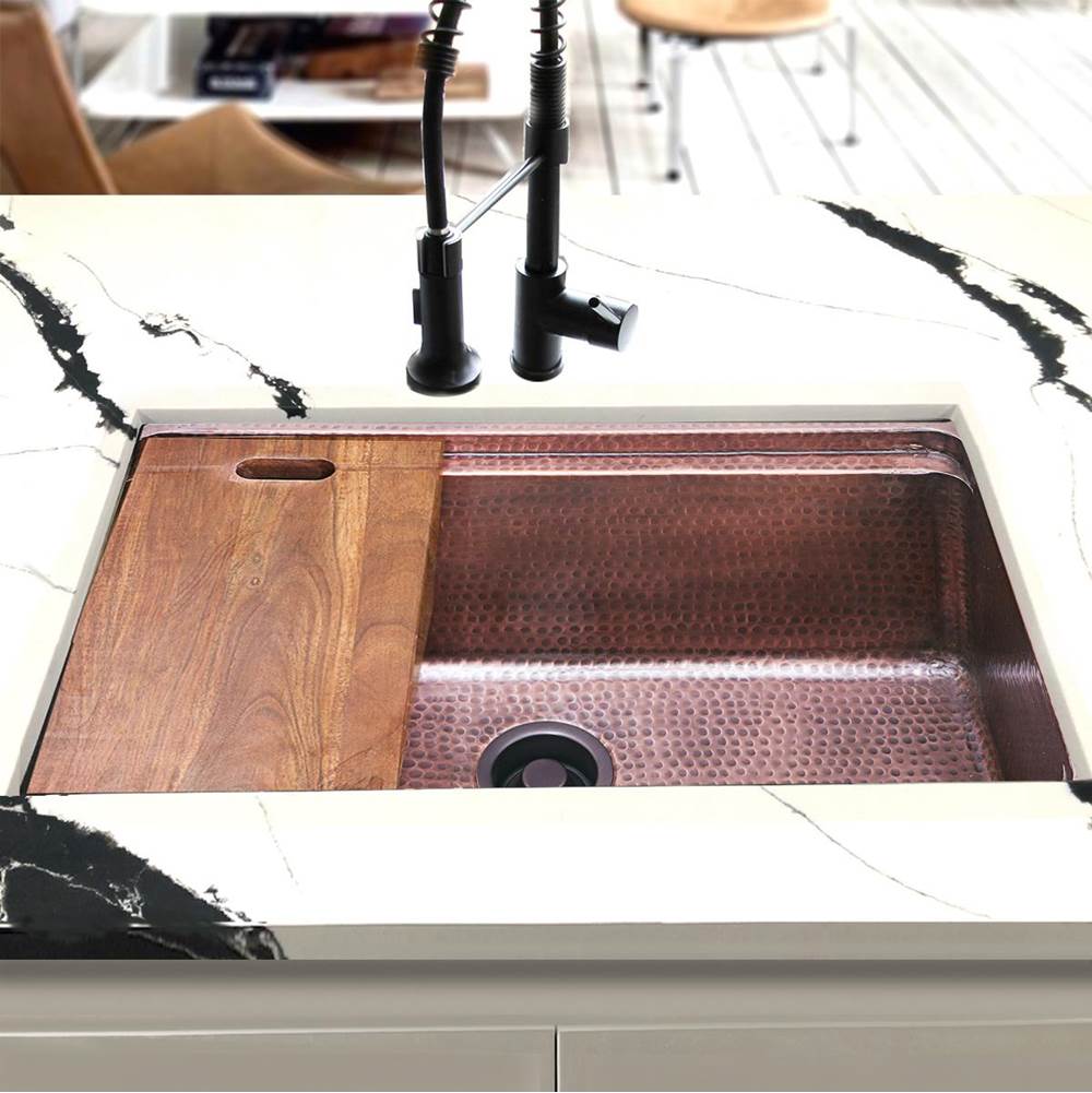 Brightwork Collection Hammered Copperl Large Single Bowl Prep Station Sink. Sink Includes Accacia Cutting Board