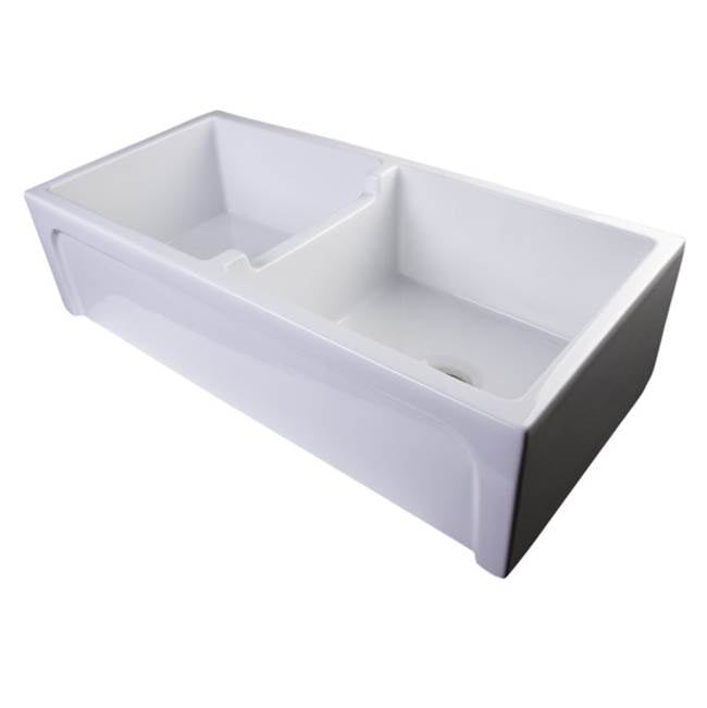 Nantucket Sinks - 39 Inch Double Bowl Fireclay Farmhouse Apron ink with reversible facades. Plain on one side and arched on the other - Porcelain Enamel Glaze White
