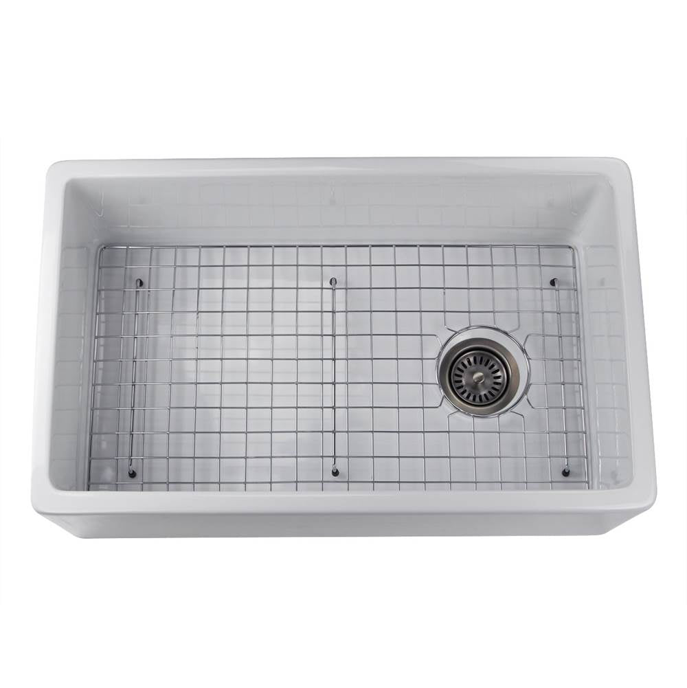 Nantucket Sinks - 30 Inch White Fireclay Farmhouse Sink Offset Drain Fcfs30 With Grid - Porcelain Enamel Glaze White