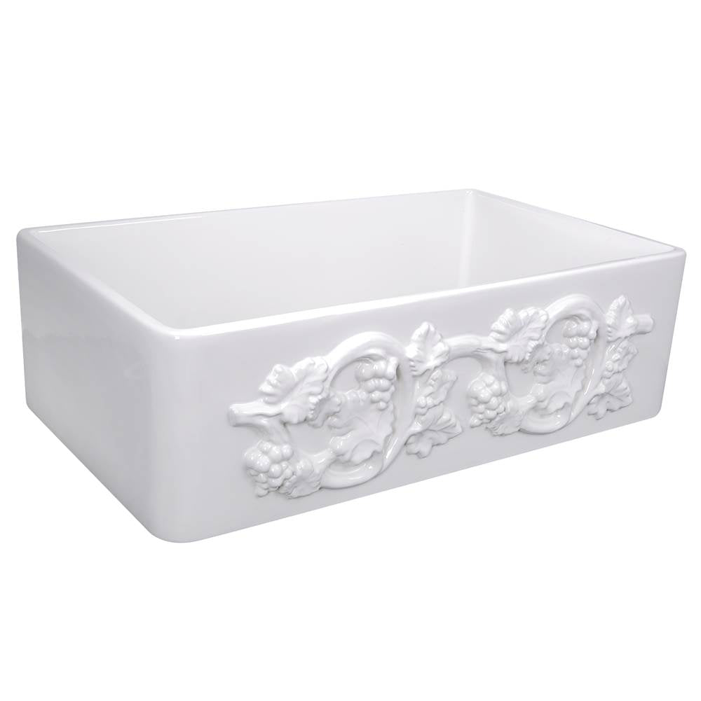 Nantucket Sinks - 30-Inch Farmhouse Fireclay Sink with Grapes Apron - Porcelain Enamel Glaze