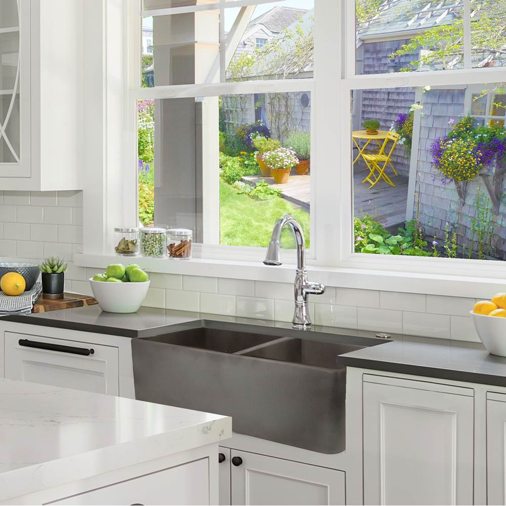 Double Bowl Farmhouse Fireclay Sink with Concrete Finish