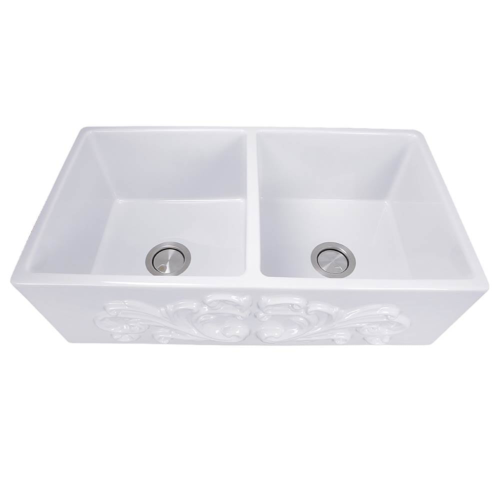 Nantucket Sinks - Double Bowl Farmhouse Fireclay Sink with Filigree Apron - Filigree