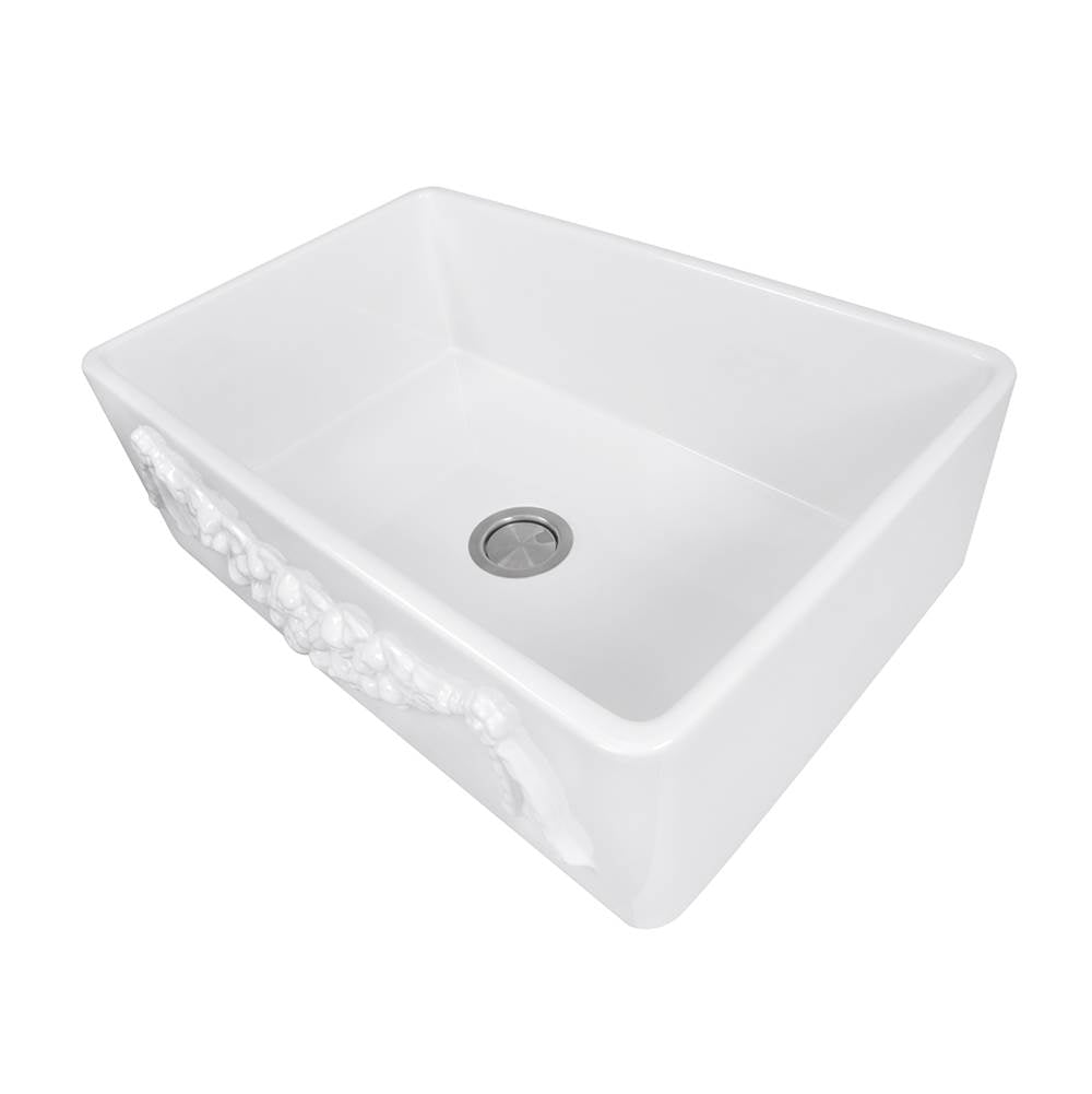 Farmhouse Fireclay Apron Sink with an embossed decorative design