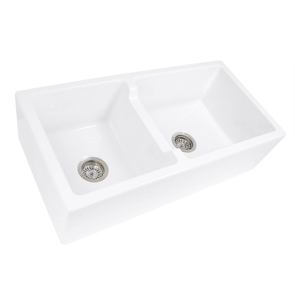 Nantucket Sinks - 60/40 Double Bowl Farmhouse Apron Fireclay Sink - Porcelain Enamel Glaze White