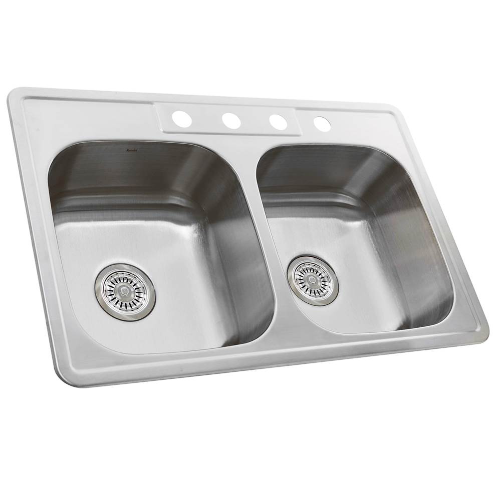 NS3322-DE - 33 Inch Double Bowl Equal Self Rimming Stainless Steel Drop In Kitchen Sink, 18 Gauge
