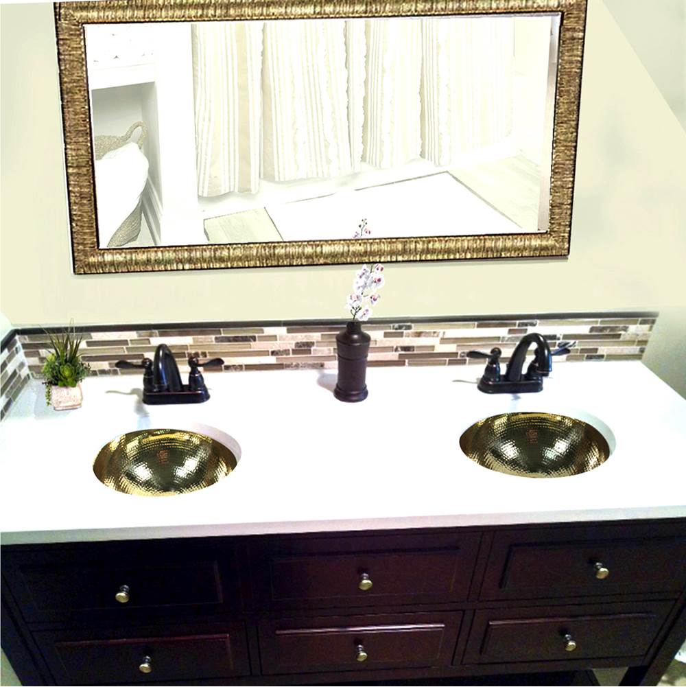 13 Inch Hand Hammered Brass Round Undermount Bathroom Sink, Brass With Overflow