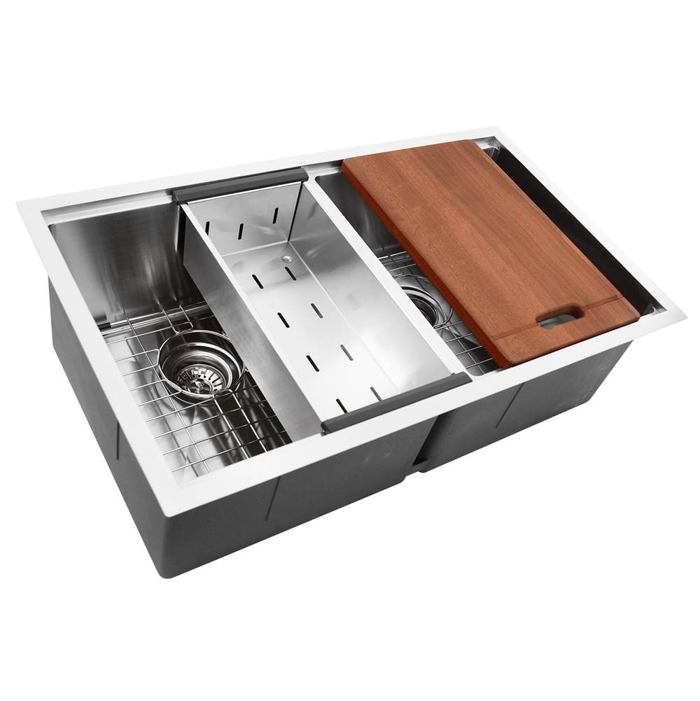 Nantucket Sinks - Double Equal Prep Station Small Radius Undermount Stainless Sink with Accessories - satin