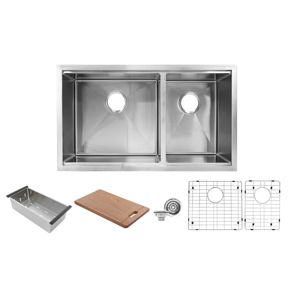 Offset Double Bowl Prep Station Small Radius Undermount Stainless Sink with Accessories