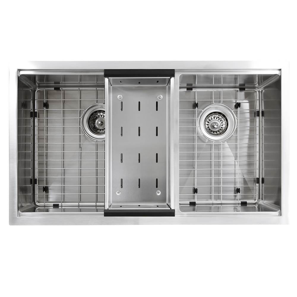 Offset Double Bowl Prep Station Small Radius Undermount Stainless Sink with Accessories
