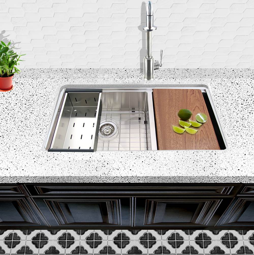 Offset Double Bowl Prep Station Small Radius Undermount Stainless Sink with Accessories