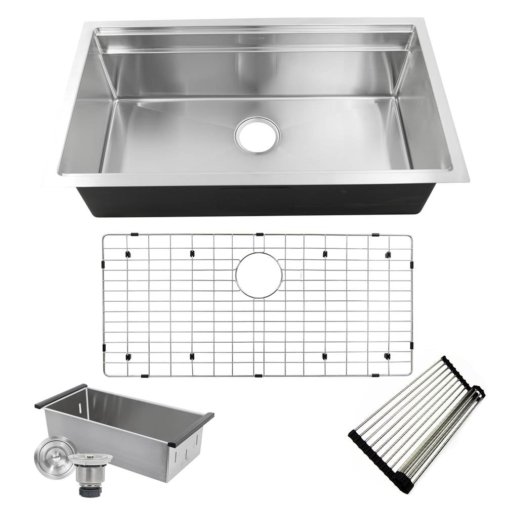 Nantucket Sinks - 16 Gauge 304 Stainless Small Radius Rectangle Undermount Sink With Specially Designed Ledges. Includes Bottom Grid, Colander and RUM center drain - Brushed Satin