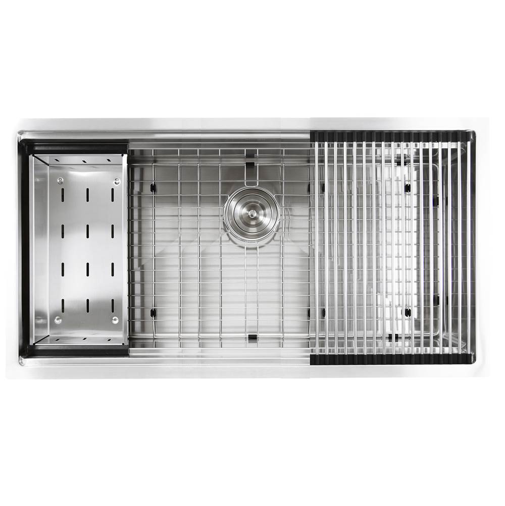 16 Gauge 304 Stainless Small Radius Rectangle Undermount Sink With Specially Designed Ledges. Includes Bottom Grid, Colander and RUM center drain