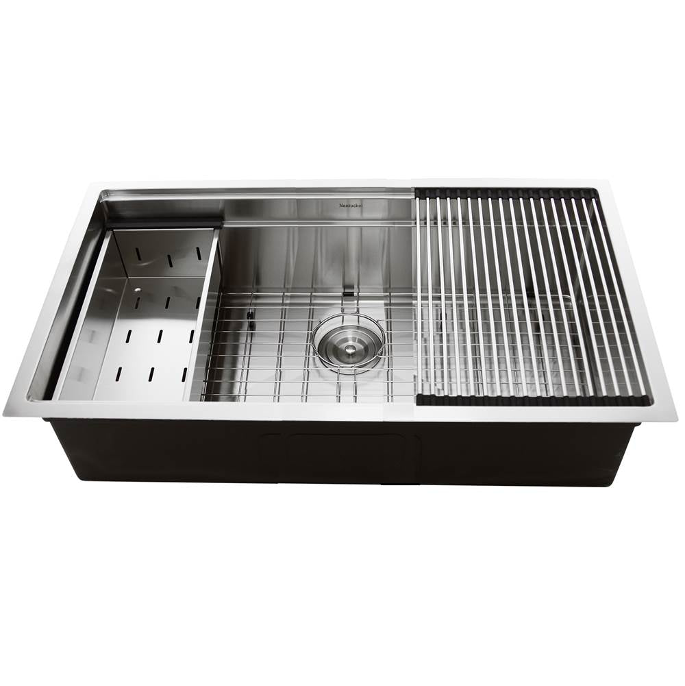 16 Gauge 304 Stainless Small Radius Rectangle Undermount Sink With Specially Designed Ledges. Includes Bottom Grid, Colander and RUM center drain