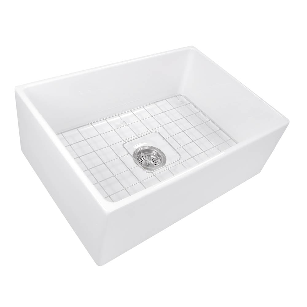 Nantucket Sinks - 27 Inch Farmhouse Fireclay Sink with Drain and Grid - Glazed White