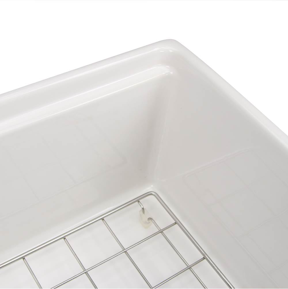 30 Inch Fireclay Sink With OffSet Drain. Grid and Drain and Wood Cutting Board Included