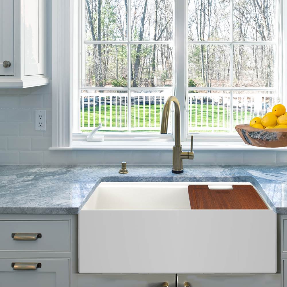 30 Inch Fireclay Sink With OffSet Drain. Grid and Drain and Wood Cutting Board Included