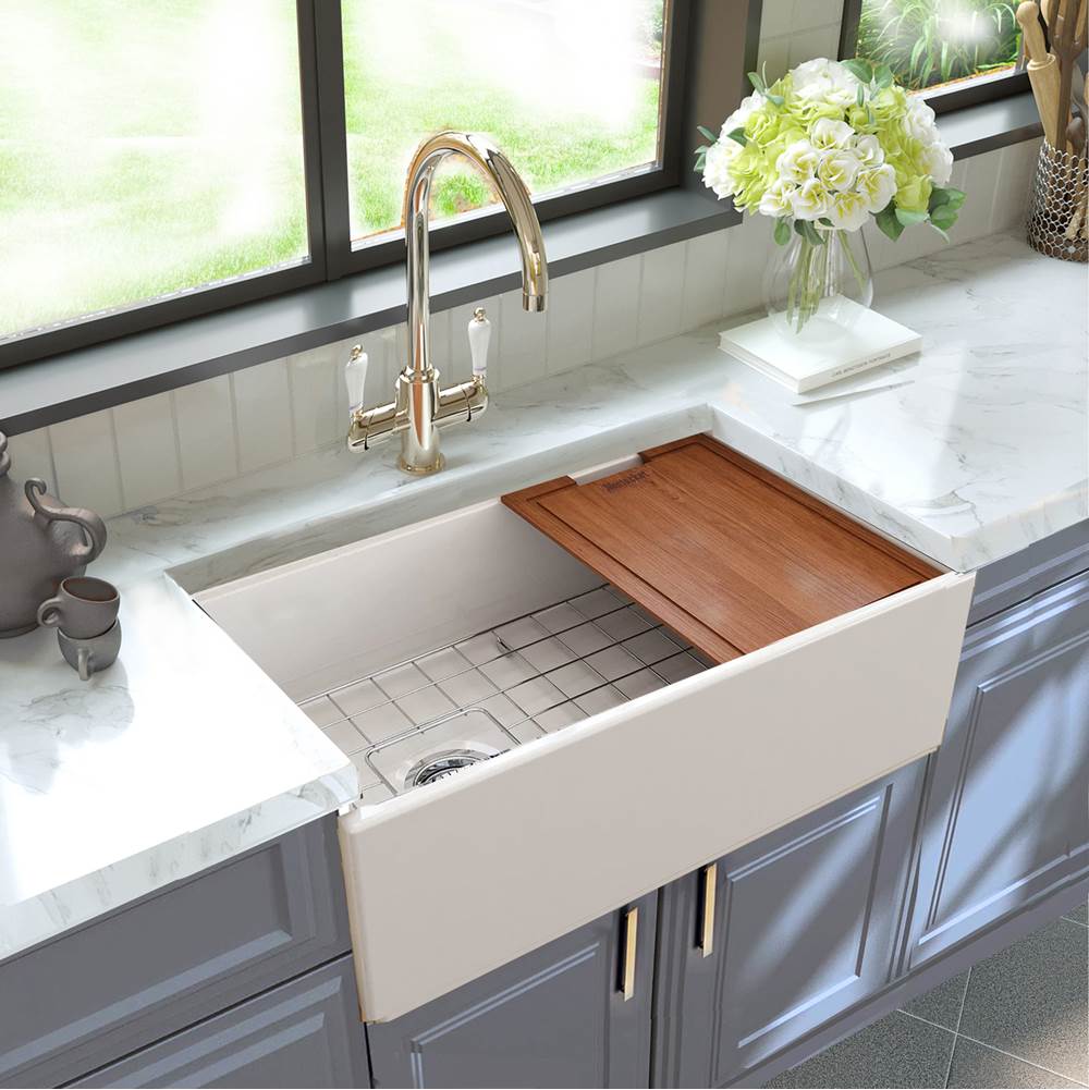 30 Inch Fireclay Sink With OffSet Drain. Grid and Drain and Wood Cutting Board Included