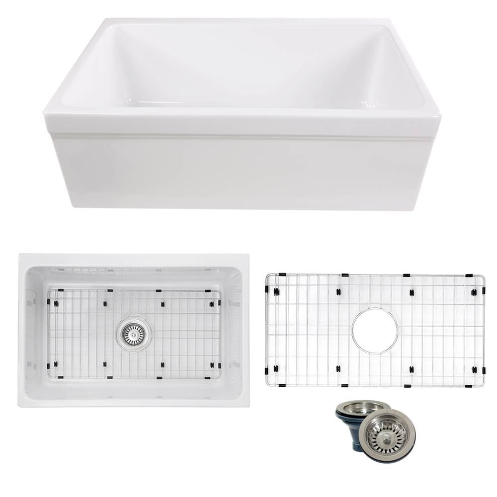 Nantucket Sinks - 30-Inch Decorative Apron Farmhouse Fireclay Sink - Glazed White