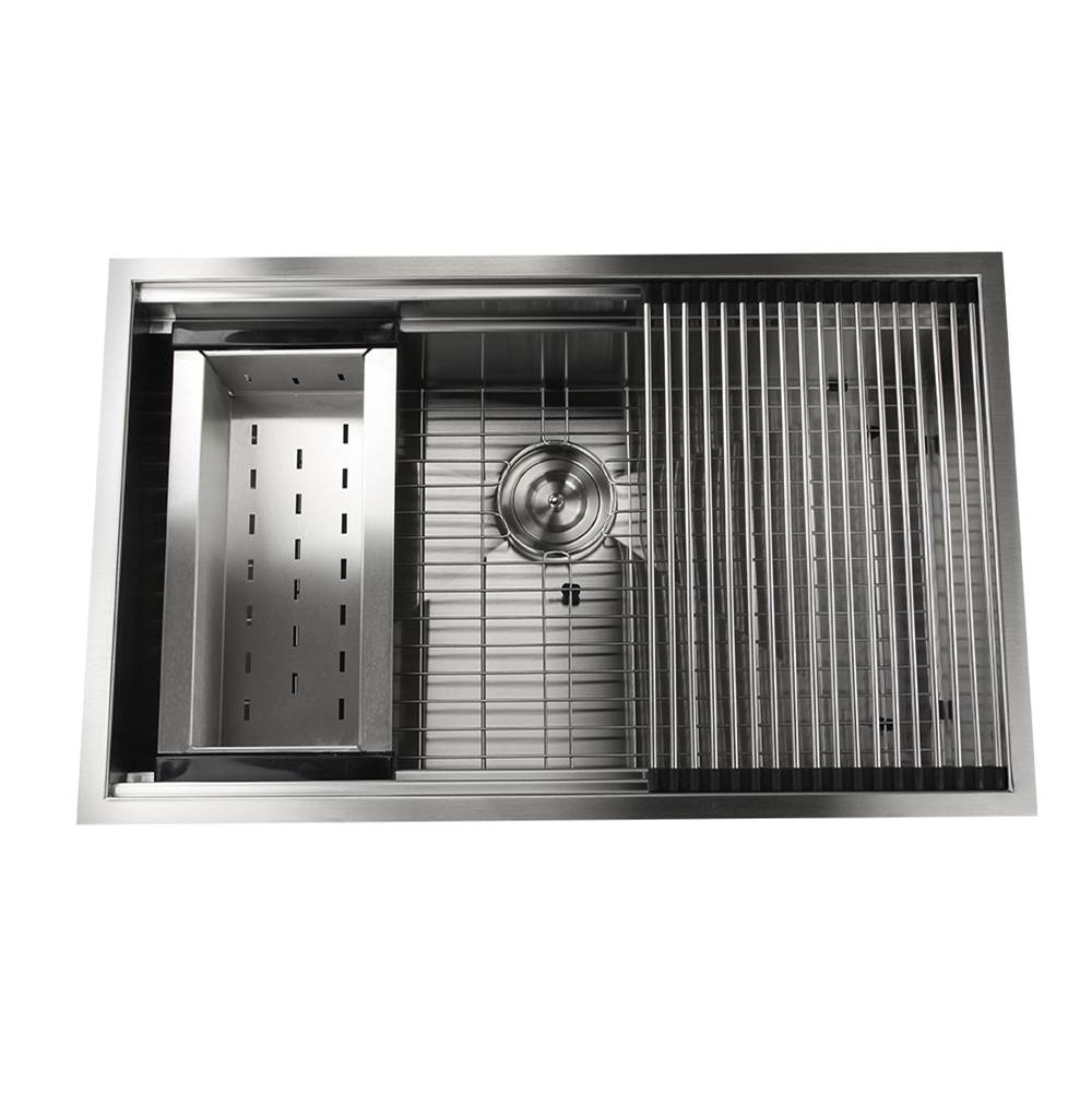 Nantucket Sinks - 32 Inch Pro Series Large Prep Station Single Bowl Undermount Stainless Steel Kitchen Sink, with Included Rolling Mat, Grid, Colander, and Drain. - satin