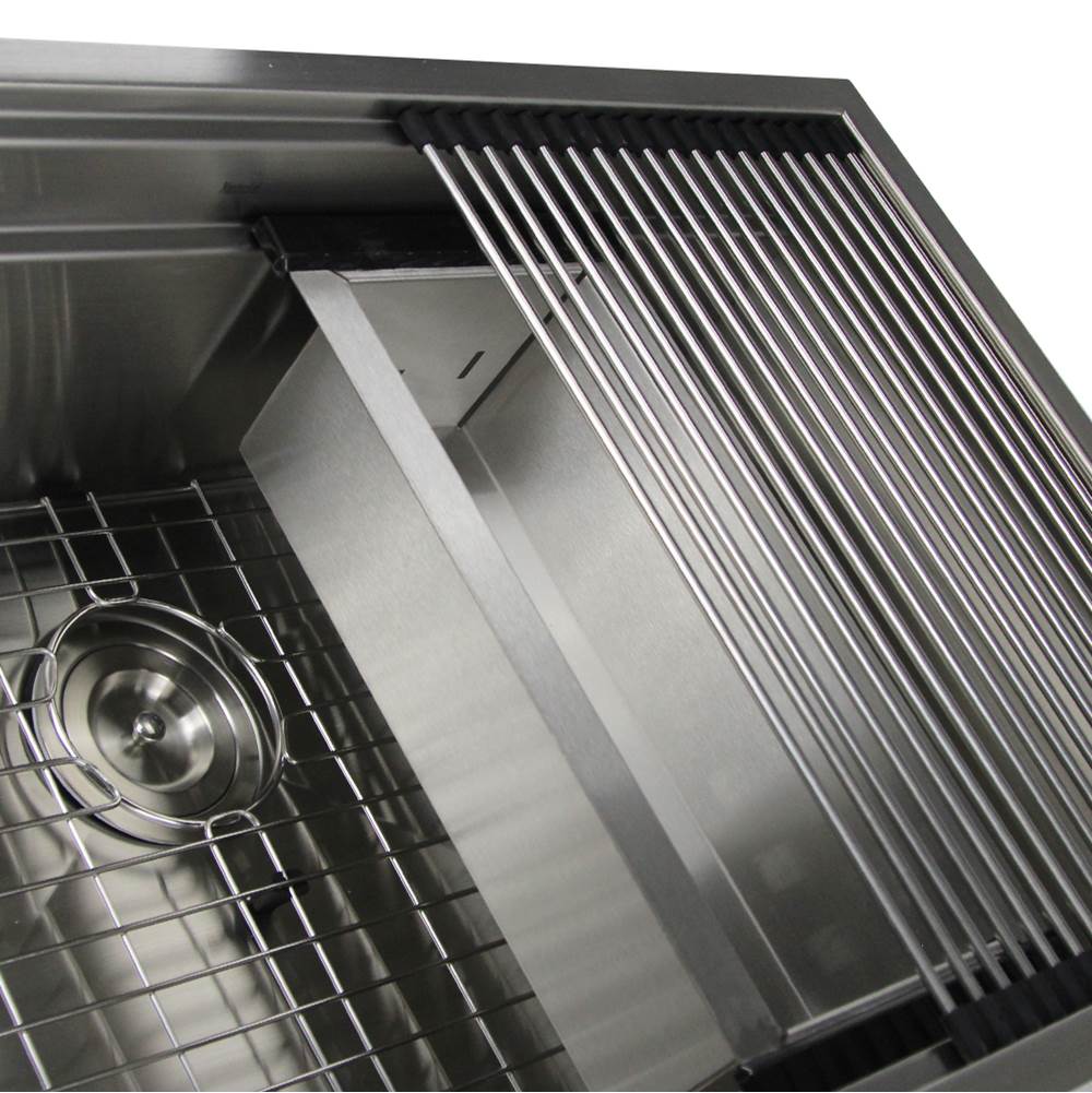 32 Inch Pro Series Large Prep Station Single Bowl Undermount Stainless Steel Kitchen Sink, with Included Rolling Mat, Grid, Colander, and Drain.