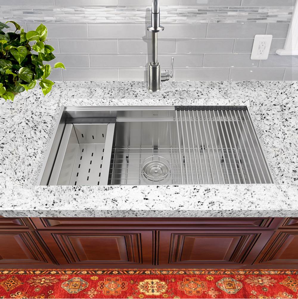 32 Inch Pro Series Large Prep Station Single Bowl Undermount Stainless Steel Kitchen Sink, with Included Rolling Mat, Grid, Colander, and Drain.