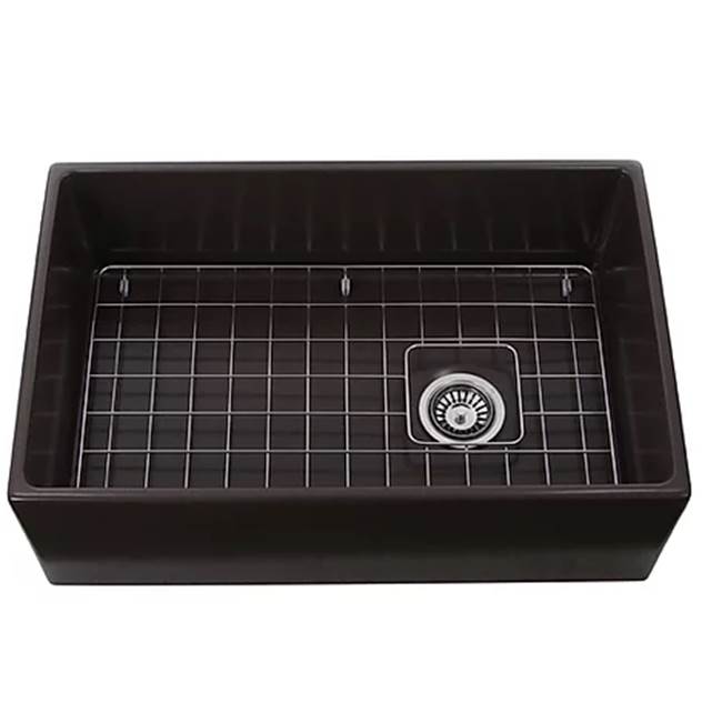 Nantucket Sinks - 30 Inch Farmhouse Fireclay Sink with Drain and Grid finished in White - Glazed Brown