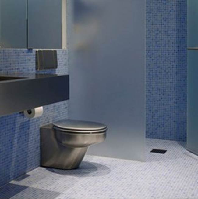 Neo-Metro by Acorn - nted, wall supplied, wall waste, on the floor 17'' rim Hight, elongated stainless steel toilet, works with a in-wall tank system like Geberit (not i