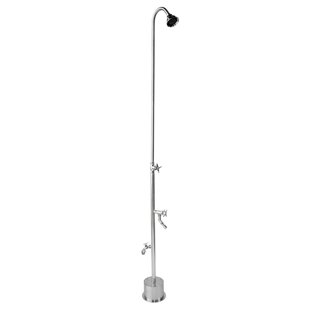 Outdoor Shower - Free Standing Single Supply Shower - Cross Handle Valve, 4'' Shower Head, Hose Bibb, Foot Shower