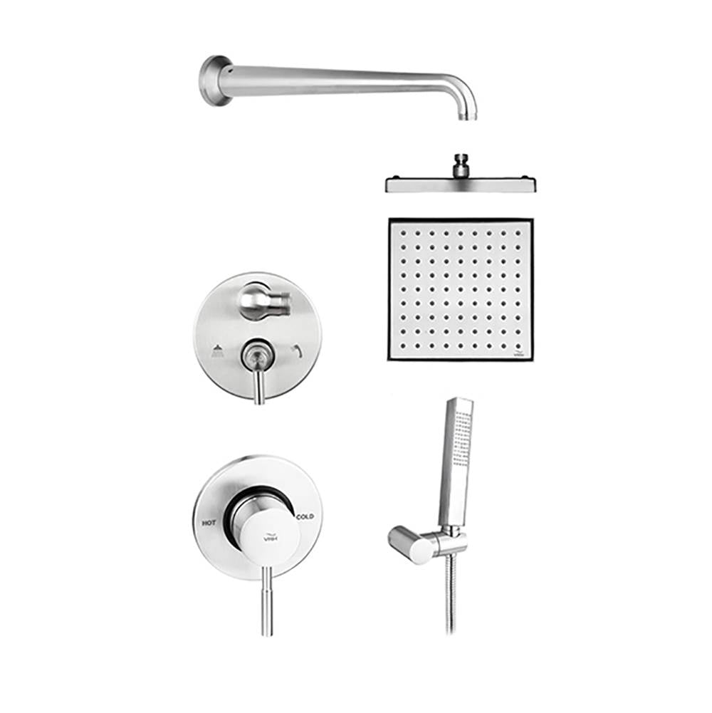 Outdoor Shower - Concealed Shower Set (5pc) - Hot & Cold Valve, Diverter, 8'' Square Shower Head, 13.5'' Arm, Square Hand Spray, Hose & Wall Bracket - Satin
