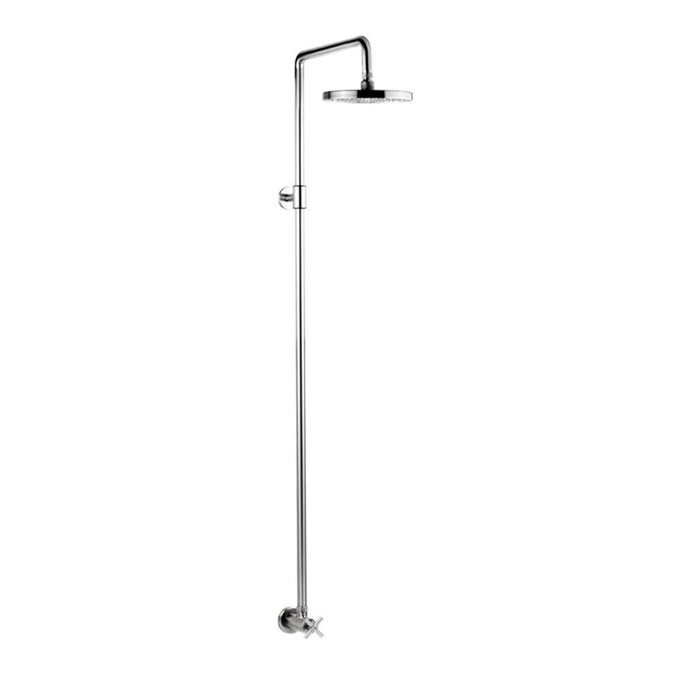 Outdoor Shower - Wall Mount Single Supply Shower - ''Smooth'' Cross Handle Valve, 8'' Disk Shower Head - Satin