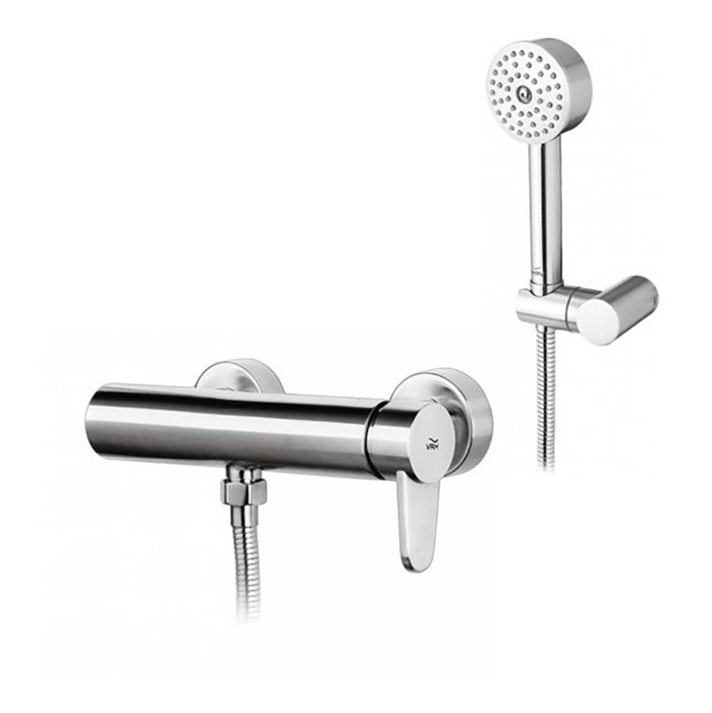 Outdoor Shower - Wall Mount Hot & Cold Hand Spray - ''Romeo'' Lever Handle, Hand Spray, Hose, & Wall Bracket - Satin - Stainless Steel