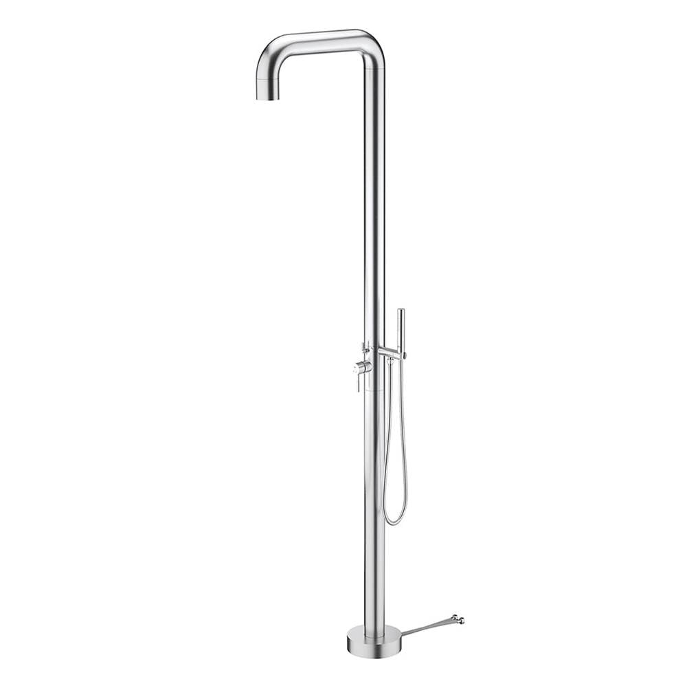 Outdoor Shower - Free Standing Hot & Cold Shower - Lever Handle Valve, Concealed Shower Head, Hand Spray & Hose - Satin